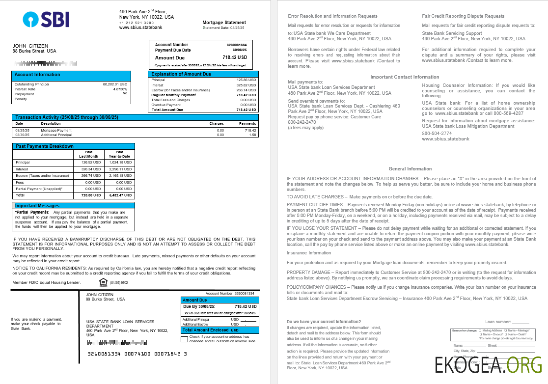 Relevé hypothécaire de la USA State Bank of Indian Bank aux formats Word et PDF